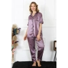 Moda Çizgi Kadın Büyük Beden Mor Saten Pijama Takımı 10303