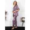 Moda Çizgi Kadın Büyük Beden Mor Saten Pijama Takımı 10303