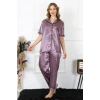 Moda Çizgi Kadın Büyük Beden Mor Saten Pijama Takımı 10303