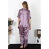Moda Çizgi Kadın Büyük Beden Mor Saten Pijama Takımı 10303