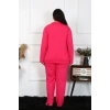 Moda Çizgi Kadın Büyük Beden Pamuklu Cepli Düğmeli Fuşya Pijama Takım 202401