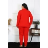 Moda Çizgi Kadın Büyük Beden Pamuklu Cepli Düğmeli Kırmızı Pijama Takım 202401