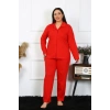Moda Çizgi Kadın Büyük Beden Pamuklu Cepli Düğmeli Kırmızı Pijama Takım 202401