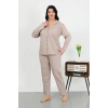 Moda Çizgi Kadın Büyük Beden Pamuklu Cepli Düğmeli Krem Pijama Takım 202506