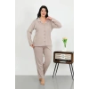 Moda Çizgi Kadın Büyük Beden Pamuklu Cepli Düğmeli Krem Pijama Takım 202506