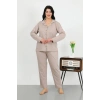 Moda Çizgi Kadın Büyük Beden Pamuklu Cepli Düğmeli Krem Pijama Takım 202506