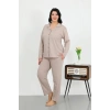 Moda Çizgi Kadın Büyük Beden Pamuklu Cepli Düğmeli Krem Pijama Takım 202506