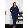 Moda Çizgi Kadın Büyük Beden Pamuklu Cepli Düğmeli Lacivert Pijama Takım 202401