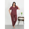 Moda Çizgi Kadın Büyük Beden Pamuklu Cepli Düğmeli Mor Pijama Takım 202507
