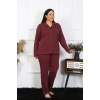 Moda Çizgi Kadın Büyük Beden Pamuklu Cepli Düğmeli Mürdüm Pijama Takım 202401