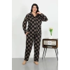 Moda Çizgi Kadın Büyük Beden Pamuklu Cepli Düğmeli Siyah Pijama Takım 202506