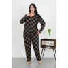 Moda Çizgi Kadın Büyük Beden Pamuklu Cepli Düğmeli Siyah Pijama Takım 202506