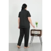 Moda Çizgi Kadın Büyük Beden Pamuklu Cepli Düğmeli Siyah Pijama Takım 202507