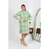 Moda Çizgi Kadın Büyük Beden Penye Gecelik Ev Elbisesi Yeşil 12508