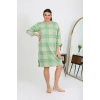Moda Çizgi Kadın Büyük Beden Penye Gecelik Ev Elbisesi Yeşil 12508
