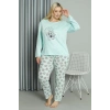 Moda Çizgi Kadın Büyük Beden Penye Uzun Kol Pijama Takım 202211