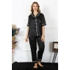 Moda Çizgi Kadın Büyük Beden Siyah Saten Pijama Takımı 10303