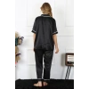 Moda Çizgi Kadın Büyük Beden Siyah Saten Pijama Takımı 10303