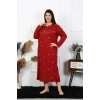 Moda Çizgi Kadın Büyük Beden Uzun Kol Bordo Anne Gecelik 1364