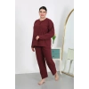 Moda Çizgi Kadın Büyük Beden Uzun Kol Penye Pijama Takımı Bordo 202501