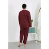 Moda Çizgi Kadın Büyük Beden Uzun Kol Penye Pijama Takımı Bordo 202501