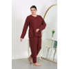 Moda Çizgi Kadın Büyük Beden Uzun Kol Penye Pijama Takımı Bordo 202501