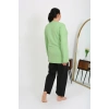 Moda Çizgi Kadın Büyük Beden Uzun Kol Penye Pijama Takımı Fıstık Yeşili 202408