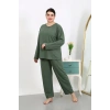 Moda Çizgi Kadın Büyük Beden Uzun Kol Penye Pijama Takımı Haki 202501