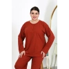 Moda Çizgi Kadın Büyük Beden Uzun Kol Penye Pijama Takımı Kiremit 202501