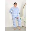 Moda Çizgi Kadın Büyük Beden Uzun Kol Penye Pijama Takımı Mavi 202502