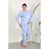 Moda Çizgi Kadın Büyük Beden Uzun Kol Penye Pijama Takımı Mavi 202502