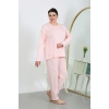 Moda Çizgi Kadın Büyük Beden Uzun Kol Penye Pijama Takımı Pembe 202501