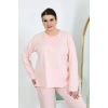 Moda Çizgi Kadın Büyük Beden Uzun Kol Penye Pijama Takımı Pembe 202501