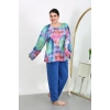 Moda Çizgi Kadın Büyük Beden Uzun Kol Penye Pijama Takımı Saks 202503