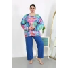 Moda Çizgi Kadın Büyük Beden Uzun Kol Penye Pijama Takımı Saks 202503