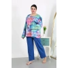 Moda Çizgi Kadın Büyük Beden Uzun Kol Penye Pijama Takımı Saks 202503