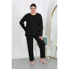 Moda Çizgi Kadın Büyük Beden Uzun Kol Penye Pijama Takımı Siyah 202501