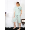 Moda Çizgi Kadın Büyük Beden Viscon Su Yeşili Kapri Pijama Takım 202193