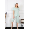 Moda Çizgi Kadın Büyük Beden Viscon Su Yeşili Kapri Pijama Takım 202193