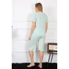 Moda Çizgi Kadın Büyük Beden Viscon Su Yeşili Kapri Pijama Takım 202193