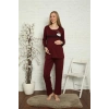 Moda Çizgi Kadın Hamile Lohusa Bordo Pijama Takımı 45201