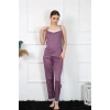 Moda Çizgi Kadın İp Askılı Mürdüm Pijama Takım 4136