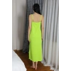 Moda Çizgi Kadın İp Askılı Uzun Yırtmaçlı Pamuk Penye Gecelik NeonYeşil 90125
