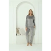 Moda Çizgi Kadın Kadife Gri Pijama Takım 20624