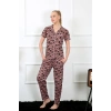 Moda Çizgi Kadın Kahve Önden Düğmeli Kısa Kol Pijama Takım 2844