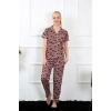 Moda Çizgi Kadın Kahve Önden Düğmeli Kısa Kol Pijama Takım 2844
