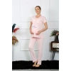 Moda Çizgi Kadın Kısa Kol Hamile Lohusa Pijama Takımı Pudra 45210