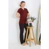 Moda Çizgi Kadın Kısa Kol Pamuk Penye Pijama Takım Bordo 4214
