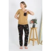 Moda Çizgi Kadın Kısa Kol Pamuk Penye Pijama Takım Hardal 4214