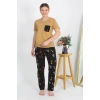 Moda Çizgi Kadın Kısa Kol Pamuk Penye Pijama Takım Hardal 4214